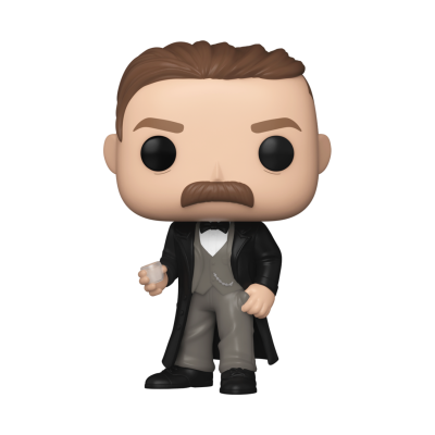 Figura Funko Pop com roupa formal preta e cinzenta, bigode castanho e copo na mão