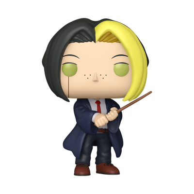 Boneco Funko Pop com cabelo amarelo e preto, roupa formal e varinha
