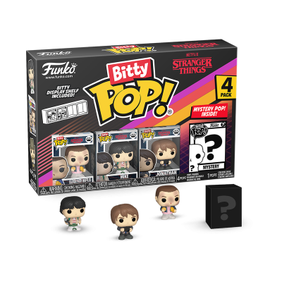 Pack Funko Pop! Bitty Stranger Things com quatro figuras e embalagem preta colorida