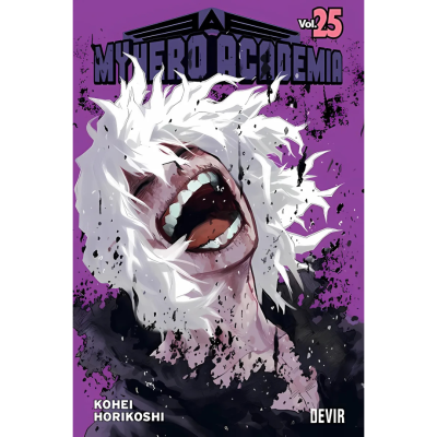 Capa do manga My Hero Academia tomo 25 com personagem e fundo roxo