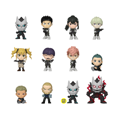 Conjunto de 12 figuras colecionáveis de personagens anime com roupas escuras e detalhes coloridos