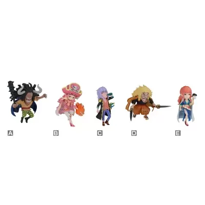 Cinco figuras colecionáveis de personagens coloridos com roupas e acessórios distintos, etiquetadas de A a E em fundo branco.