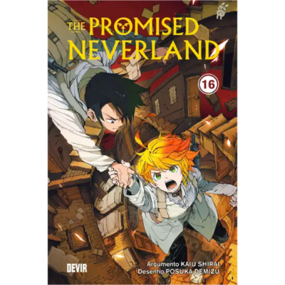 Capa do livro THE PROMISED NEVERLAND, volume 16, com ilustração de dois personagens