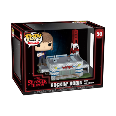 Caixa Funko POP! Stranger Things Rockin' Robin com rádio WQK em miniatura