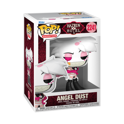 Figurina Funko Pop Angel Dust Hazbin Hotel numa caixa com janela transparente