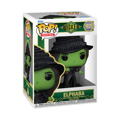 Boneco Funko Pop! Elphaba de Wicked com pele verde e chapéu preto na caixa.