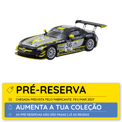 Miniatura de carro de corrida Mercedes AMG preto, amarelo e cinzento com o número 36.