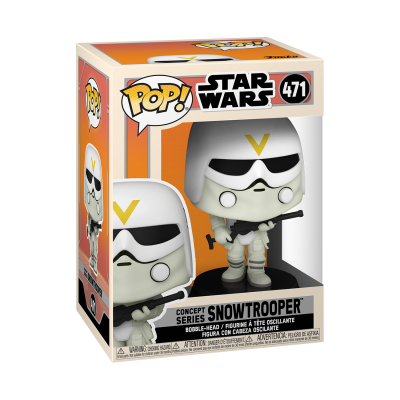 Boneco Funko Pop Star Wars Snowtrooper nº471 na caixa laranja e branca