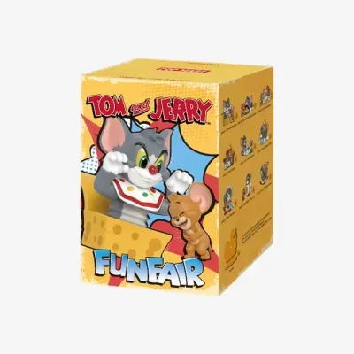 Embalagem colorida de Tom e Jerry com figuras 3D e texto FUNFAIR