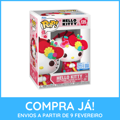 Figura Funko Pop! Hello Kitty vinil na caixa branca e rosa com flores e números