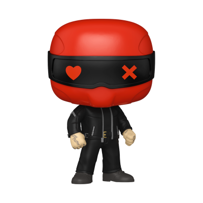 Figura colecionável Funko Pop com capacete vermelho e fatos pretos