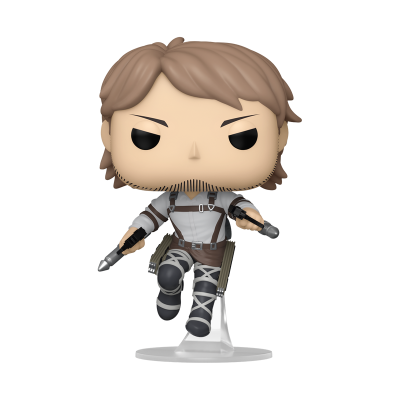 Figura Funko Pop com roupa cinza e preta segurando armas.