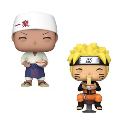 Duas figuras Funko Pop de personagens a comer noodles, uma com chapéu branco e avental azul, outra com cabelo amarelo, roupa laranja e preta.