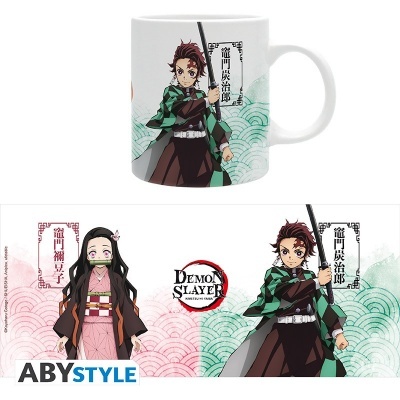 Caneca branca com ilustração anime Demon Slayer Tanjiro e Nezuko