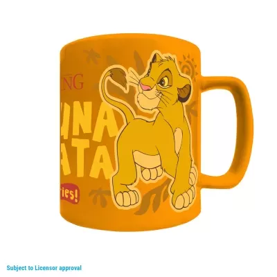 Caneca laranja com Simba do Rei Leão e texto impresso