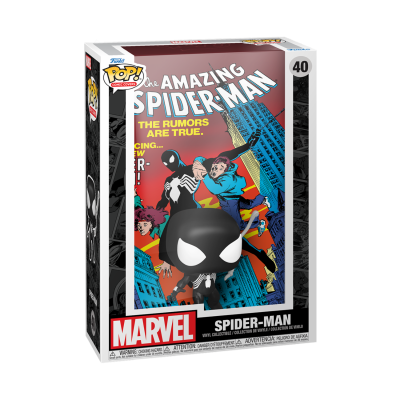 Figura Funko Pop! do Spider-Man preto e branco na caixa com arte de banda desenhada