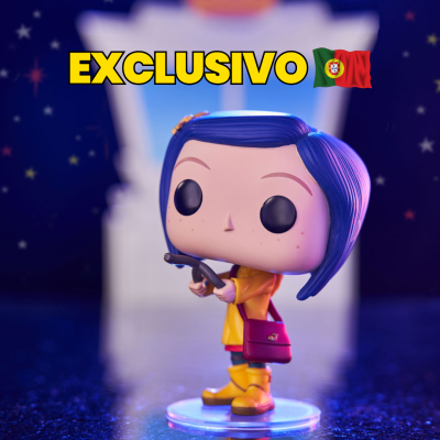 Figura Funko Pop de Coraline com cabelo azul e roupa amarela