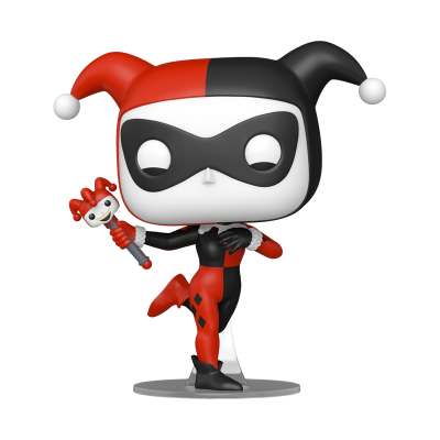 Figura Funko Pop da Harley Quinn com fato vermelho e preto, máscara e martelo