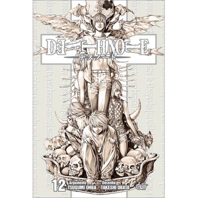 Capa de banda desenhada 'DEATH NOTE' com personagens e crânios em tons cinza e branco