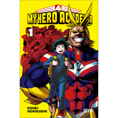 Capa do manga MY HERO ACADEMIA volume 1 com personagens em destaque fundo amarelo