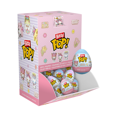 Caixa expositor rosa com ovos surpresa Bitty Pop! tema Hello Kitty and Friends e figuras colecionáveis de vinil