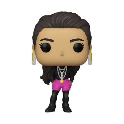 Figura Funko Pop com cabelo castanho escuro, brincos amarelos e calções rosa