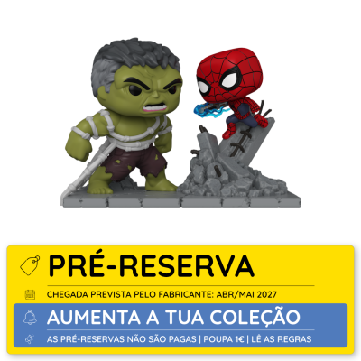Figuras Funko Pop de Hulk e Homem-Aranha em base de destroços cinzentos.