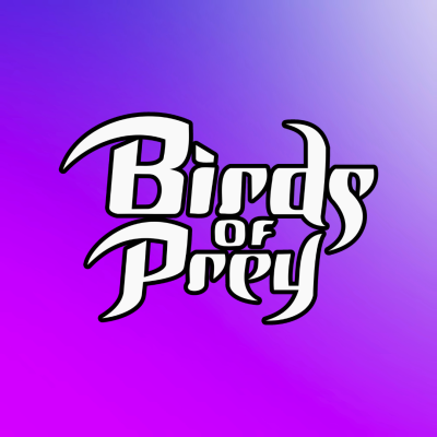 Texto 'Birds of Prey' estilizado em fundo azul e roxo
