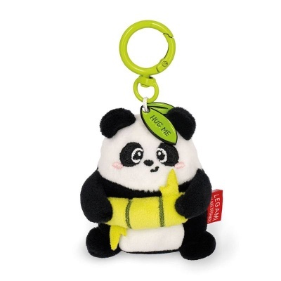 Porta-chaves de peluche panda com banana e argola verde