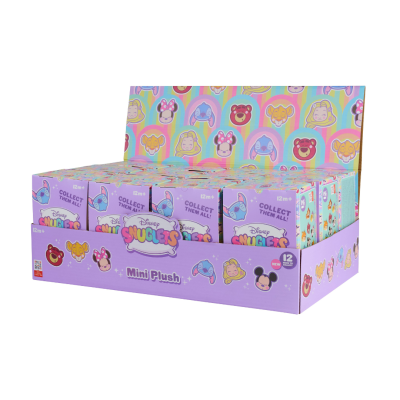 Expositor colorido de brinquedos Disney Snuggies Mini Plush em caixas roxas