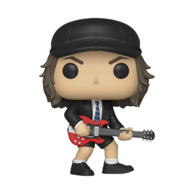 Figura Funko Pop masculina com casaco preto, gravata, boné e guitarra vermelha