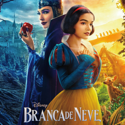 Cartaz do filme Branca de Neve da Disney com duas personagens femininas, uma segurando uma maçã.
