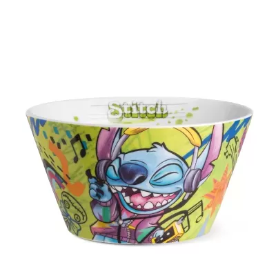 Taça decorativa em cerâmica com estampa colorida do personagem Stitch e motivos musicais