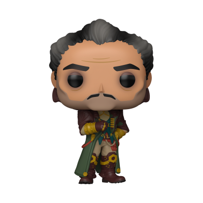 Figura Funko Pop de personagem masculino com cabelo castanho escuro, bigode e cavanhaque, roupa de casaco castanho e capa verde