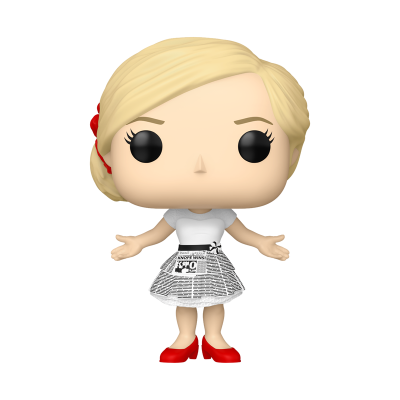Figura Funko Pop feminina com vestido de padrão de jornal e sapatos vermelhos