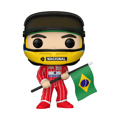 Funko Pop de piloto de corrida com capacete amarelo, fato vermelho e bandeira do Brasil.