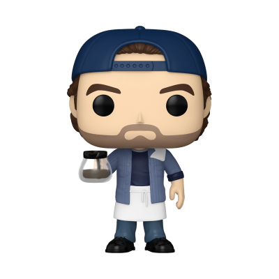 Figura Funko Pop de homem com boné azul e jarra de café