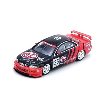 Miniatura de carro de corrida preta e vermelha com número 25 e logos STP e Toyota