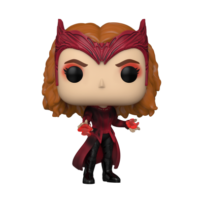 Figura Funko Pop de personagem feminina ruiva com máscara e fato vermelho