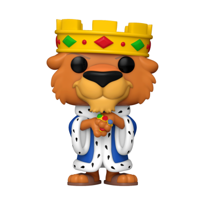 Figura colecionável Funko Pop leão rei com coroa amarela e manto branco com manchas pretas