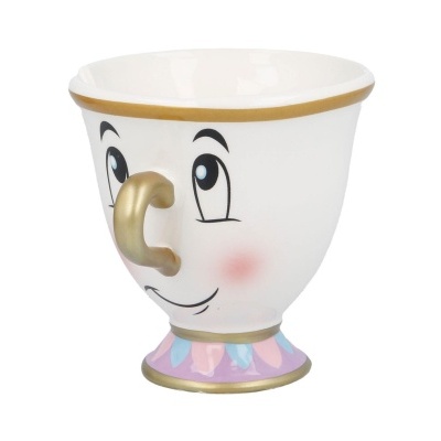 Caneca cerâmica branca com rosto animado e pega dourada