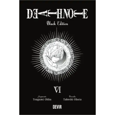 Capa do livro Death Note Black Edition VI com imagem circular e texto branco sobre fundo preto