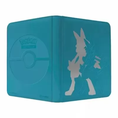 Capa azul para álbum de cartas Pokémon com logótipo e personagens em relevo