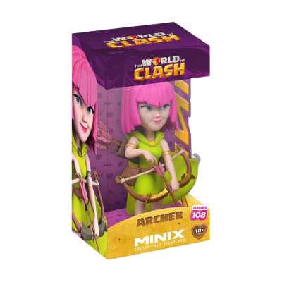 Figura colecionável arqueira com cabelo rosa em embalagem colorida