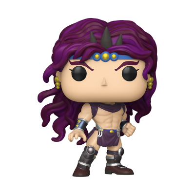 Figura Funko Pop de guerreiro com cabelo roxo e faixa azul com cornos