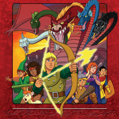 Personagens de fantasia com arqueiro e dragão de cinco cabeças coloridas