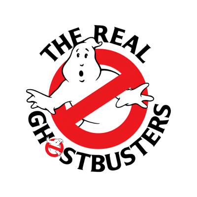 Logotipo circular de The Real Ghostbusters com fantasma e símbolo de proibido vermelho