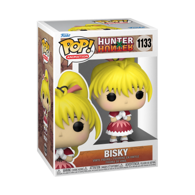 Figura Pop! Hunter x Hunter Bisky com cabelo amarelo e vestido vermelho em caixa