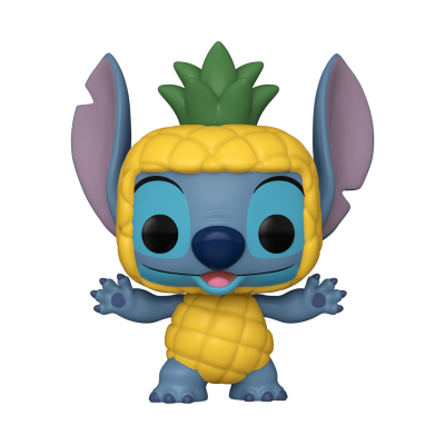 Figura Funko Pop personagem azul com fantasia de ananás amarela e verde.