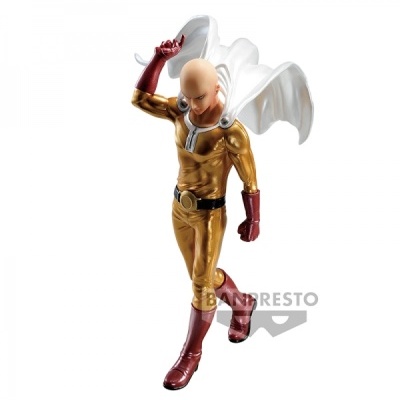 Figura colecionável de super-herói careca com fato dourado e capa branca